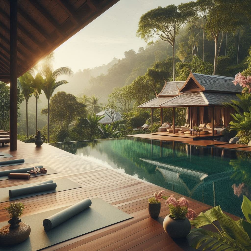 A luxurious wellness retreat in thailand featuring a serene infinity pool overlooking lush greenery,