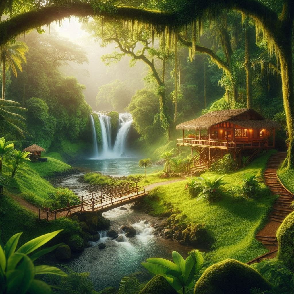 A scenic eco tourism destination in costa rica, featuring lush green rainforest, a waterfall, and a